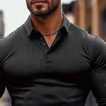 Men's Striped Textured Basic Elastic Long-sleeved POLO Shirt