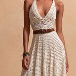 Boho Chic Ivory Crochet Halter Maxi Dress With Waist Belt