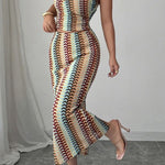 Playful Colorful Knitted Sexy Tube Top and Elegant Back Slit Midi Skirt Set