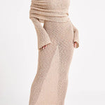 Marisol Ribbed Boucle Material Draped Off Shoulder Stretch Vacation Maxi Dress
