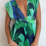 Loose Sleeveless Pleated Printed Split-Joint Deep V-Neck Maxi Dresses