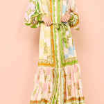 Garden Party Satin Unique Print Balloon Sleeve Belted Shirt Maxi Dress