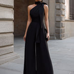 One-Shoulder Draped Halter Wide-Leg Jumpsuit