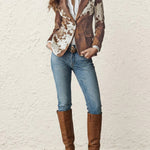 Long Sleeves Buttoned Contrast Color Pockets Printed Split-Back Notched Collar Blazer Outerwear