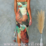Ruched Drape Front Printed Bodycon Midi Cami Dress