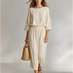 Women's Ivory Cotton Set With Boat Neck & Elastic Waist, Timeless Minimalist-Casual Style Set
