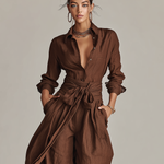 Women's Elegant Brown Woven Cotton-linen Long-sleeved Shirt Collar Jumpsuit With Belt