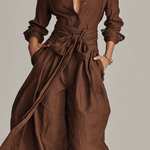 Women's Elegant Brown Woven Cotton-linen Long-sleeved Shirt Collar Jumpsuit With Belt