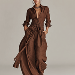 Women's Elegant Brown Woven Cotton-linen Long-sleeved Shirt Collar Jumpsuit With Belt