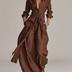 Women's Elegant Brown Woven Cotton-linen Long-sleeved Shirt Collar Jumpsuit With Belt