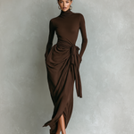 Women's Elegant Dark Brown Stretch Knit Turtleneck Long-sleeved Slim-fit Maxi Dress