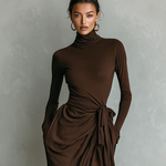 Women's Elegant Dark Brown Stretch Knit Turtleneck Long-sleeved Slim-fit Maxi Dress