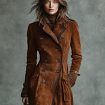 Women's Suede Trim Double-breasted Lapel Long Coat