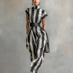 Women's High Collar Chiffon Short Sleeve Belt Maxi Dress