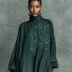 Women's Loose Cotton And Linen Blend Shoulder Embroidery Half-high Collar Long-sleeved Maxi Dress