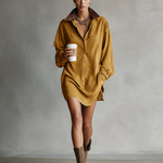 Women's Simple Loose Leather Lapel Spliced Suede Mini Dress