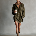 Women's Simple Loose Leather Lapel Spliced Suede Mini Dress