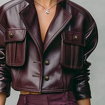 Women's Loose PU Leather Short Double Chest Pocket Jacket