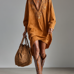 Women's Suede Loose Lapel V-neck Embroidered Long-sleeved Midi Dress