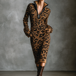 Women's Fashion Leopard Jacquard Knit Zipper Neck Midi Dress