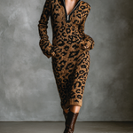 Women's Fashion Leopard Jacquard Knit Zipper Neck Midi Dress