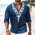 Men's Vintage Casual Embroidered Cotton and Linen Henley Collar Long Sleeve Shirt