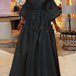 High Waisted Puff Sleeves Falbala Solid Color V-Neck Maxi Dresses