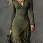 Bohemian Washed Cotton Half-zip Hem Slit Midi Dress