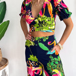 Floral Print V Neck Short Sleeves Crop Top Elastic Waist Wide Leg Pants Set