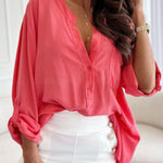 V Neck Button Roll Sleeve Patch Pocket Loose Straight Long Sleeve Shirt