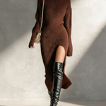 Women's Elegant Brown Knitted Turtleneck Long-sleeved Slim-fit Midi Dress