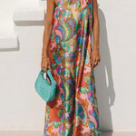 Rainbow Breeze Satin Unique Print Bow One Shoulder Loose Maxi Dress