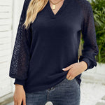 Waffle Grace Stitching Long Sleeve V-Neck T-Shirt Top Women