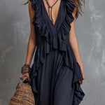 Vintage Ruffle V-Neck Tencel Faux-Denim Jumpsuit