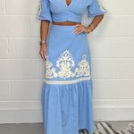 Stylish V-neck Puff-sleeved Crop Top and Elastic Waist Paneled Maxi Skirt Set