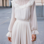 Ruffled High-Neck Chiffon Long-Sleeve Dress