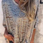 Gray Leopard Print 3/4 Sleeve V Neck Loose Fit T Shirt