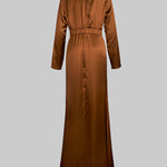 Long Sleeves Loose Pleated Shiny Solid Color Split-Joint Tied Waist High Neck Evening Dresses Maxi Dresses