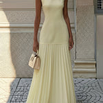 Sleeveless Gauze Pleated Solid Color Split-Joint Boat Neck Evening Dresses Maxi Dresses