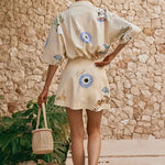 Kea Linen Blend Unique Print Short Sleeve Shirt and High Rise Wrap Panel Miniskirt Set