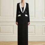 Long Sleeves Contrast Color Deep V-Neck Maxi Dresses