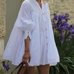 A-Line Long Sleeves Buttoned Pleated Solid Color V-Neck Mini Dresses Shirt Dress