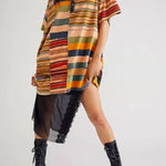 Mid-length Sleeve Lapel Contrast Striped Loose Casual Dress