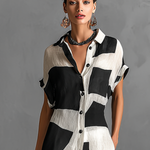 Women's Cotton And Linen Blend Irregular Geometric Print Lapel Single-Breasted Short-Sleeved Maxi Shirt Dress
