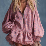 Elegant Western Hooded Front Zipper Ruffled Hem Pink Leopard Print Fuax Suede Mini Dress