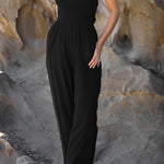 Fashion casual collarless straight wide leg open back cross strap jumpsuit