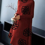 A-Line Long Sleeves Flower Print Mock Neck Midi Dresses