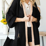 Black Bishop Sleeve Colorblock Open Front Cardigan Sweater
