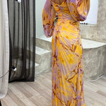 Sunset Serenade Printed Off Shoulder Diamond Embellished Pleated Slit Maxi Dress