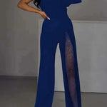 Stylish One Shoulder Slit Long Sleeve Mesh Splice Wide Leg Jumpsuit